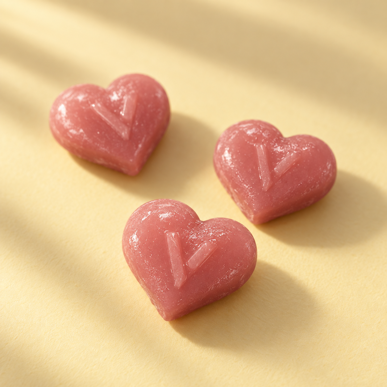 Pink heart-shaped VEYANA gummies with V imprints on a warm yellow studio surface