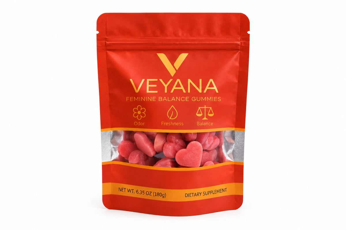 VEYANA Feminine Balance Gummies in a red and gold pouch with a clear window showing pink heart gummies